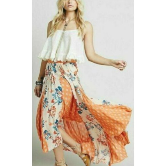 Free People Dresses & Skirts - Free People Show Off Your Skirt Boho Floral Patchwork High Low Maxi Coral, M